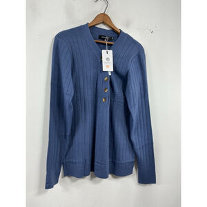 Womans NWT Merokeety Pullover Ribbed Knit Sweater XXL Blue V Neck 1/4 Button